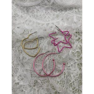 Shape Hoop Earrings - Dark Pink Stars, Light Pink Circles, Gold Hearts